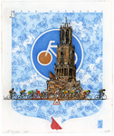 33115 Afbeelding van de start van de Tour de France te Utrecht, met een aantal wielrenners en daarachter de Domtoren ...